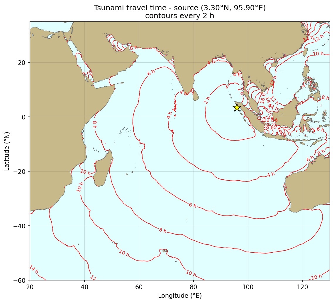 Estimated tsunami travel times